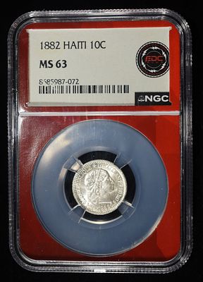 1882 HAITI SILVER 10C NGC MS-63. TOP RATED AUCTION HOUSE ESTIMATE $150 - $200.