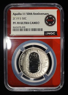 2019-S APOLLO 11 50TH ANNIV PF70 ULTRA CAMEO. BID WITH SILVER CITY AUCTIONS ESTIMATE $170 - $220.