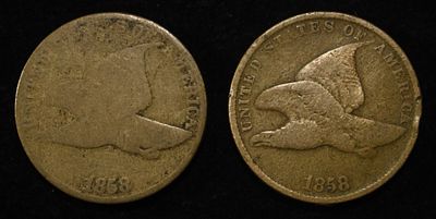 (2) 1858 FLYING EAGLE CENTS. WEEKLY COIN & CURRENCY AUCTIONS ESTIMATE $75 - $100.