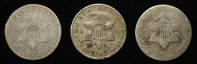 (3) 1852 3-CENT SILVER PIECES. LEADERS IN ON-LINE AUCTIONS ESTIMATE $150 - $200.