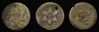 (3) 3-CENT SILVER PIECES DAMAGED. BID WITH SILVER CITY AUCTIONS ESTIMATE $150 - $200.