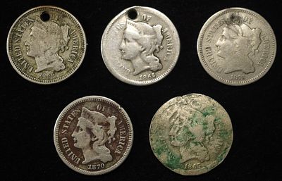 (2) 1865, 1866, 1870 & 1873 3-CENT NICKELS. TOP RATED AUCTION HOUSE ESTIMATE $130 - $180.