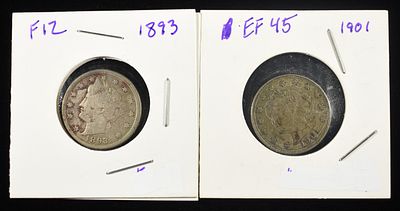 1893 & 1901 LIBERTY V NICKELS. WEEKLY COIN & CURRENCY AUCTIONS ESTIMATE $80 - $120.