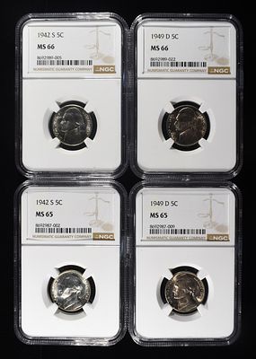 (4) NGC GRADED JEFFERSON NICKELS. 1942-S & 1949-D MS65, 1942-S & 1949-D MS66 JEFFERSON NICKELS 