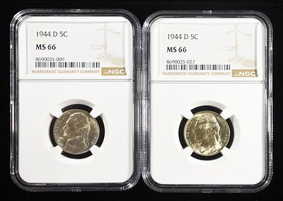 (2) 1944-D JEFFERSON NICKELS NGC MS 66. WEEKLY COIN & CURRENCY AUCTIONS ESTIMATE $90 - $130.