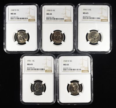 (5) NGC GRADED JEFFERSON NICKELS. 1949-D MS65, 1950-D MS65, 1951-P&S MS65 & 1949-D MS66 