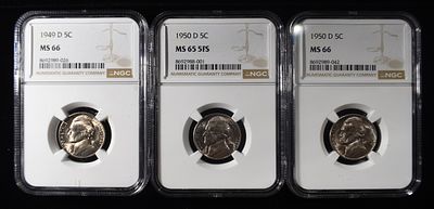 (3) NGC GRADED JEFFERSON NICKELS. 1950-D MS65 5FS, 1950-D MS66, & 1949-D MS66 JEFFERSON 5C NGC 