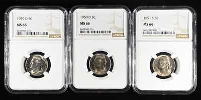1951-S &1950-D MS66, 1949-D MS65 JEFFERSON 5C NGC. CHECK OUT OUR UPCOMING AUCTIONS ESTIMATE $100 