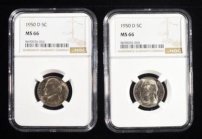 (2) 1950-D JEFFERSON NICKELS NGC MS 66. BID WITH SILVER CITY AUCTIONS ESTIMATE $90 - $130.