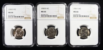 1950-D MS65, 1950-D & 1951-S MS66 JEFFERSON 5C NGC. CHECK OUT OUR UPCOMING AUCTIONS ESTIMATE 