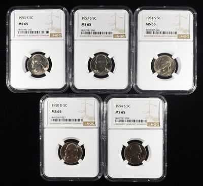 (5) NGC MS65 GRADED JEFFERSON NICKELS. 1950-D, 1951-S, (2) 1953-S & 1954-S JEFFERSON NICKELS NGC 