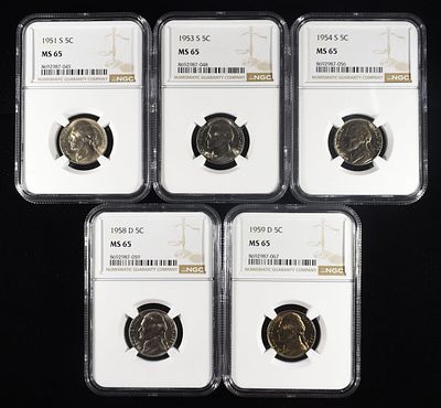 (5) NGC MS65 GRADED JEFFERSON NICKELS. 1951-S, 1953-S, 1954-S, 1958-D & 1959-D JEFFERSON NICKEL 