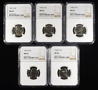(5) NGC MS65 GRADED JEFFERSON NICKELS. 1951-S, 1953-S, 1958-D, 1959-D & 1960-D JEFFERSON NICKEL 