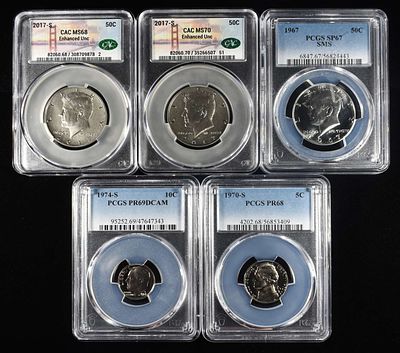 MIXED GRADED COIN LOT. 1970-S JEFFERSON NICKEL PCGS PR68, 1974-S ROOSEVELT DIME PCGS PR69DCAM 