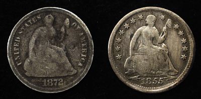 1855 & 1872 SEATED LIBERTY HALF DIMES. CHECK OUT OUR UPCOMING AUCTIONS ESTIMATE $80 - $120.
