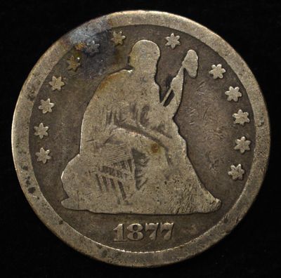 1877-CC SEATED LIBERTY QUARTER. LEADERS IN ON-LINE AUCTIONS ESTIMATE $100 - $150.