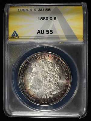 1880-O MORGAN DOLLAR ANACS AU55. TOP RATED AUCTION HOUSE ESTIMATE $110 - $160.
