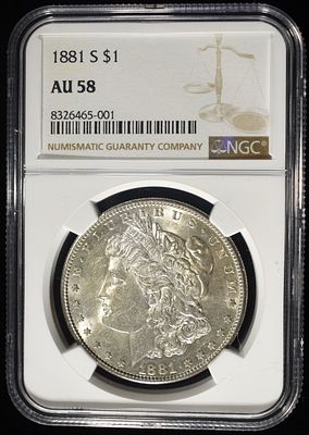 1881-S MORGAN DOLLAR NGC AU58. LEADERS IN ON-LINE AUCTIONS ESTIMATE $90 - $130.