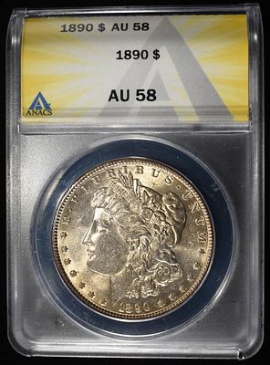 1890 MORGAN DOLLAR ANACS AU58. TOP RATED AUCTION HOUSE ESTIMATE $110 - $160.