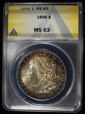 1896 MORGAN DOLLAR ANACS MS63. TOP RATED AUCTION HOUSE ESTIMATE $120 - $170.