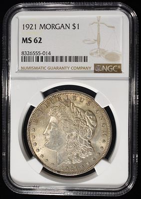 1921 MORGAN DOLLAR NGC MS62. LEADERS IN ON-LINE AUCTIONS ESTIMATE $80 - $120.