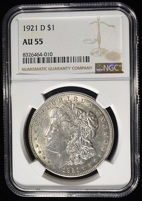 1921-D MORGAN DOLLAR NGC AU55. WEEKLY COIN & CURRENCY AUCTIONS ESTIMATE $80 - $120.