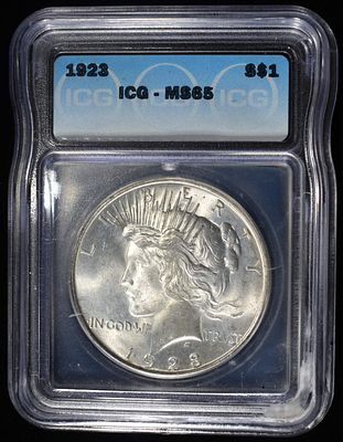 1923 PEACE DOLLAR ICG MS65. BID WITH SILVER CITY AUCTIONS ESTIMATE $170 - $220.