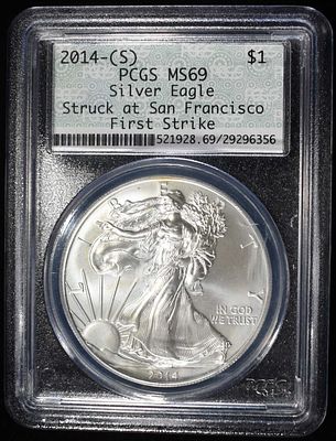 2014-S AMERICAN SILVER EAGLE PCGS DOILY MS69. WEEKLY COIN & CURRENCY AUCTIONS ESTIMATE $200 - $250.