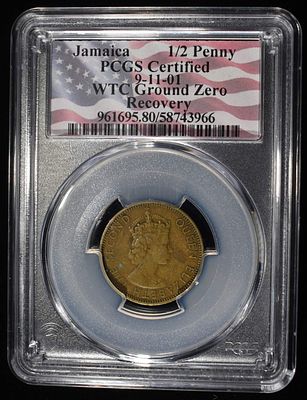 1966 JAMAICA 1/2 PENNY PCGS CERTIFIED. WTC GROUND ZERO RECOVERY ESTIMATE $60 - $80.
