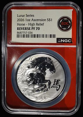 2026 ASCENSION LUNAR SERIES HORSE NGC REV PF-70. WEEKLY COIN & CURRENCY AUCTIONS ESTIMATE $200 - 