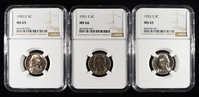 1950-D, 1953-S MS65 & 1951-S MS66 JEFFERSON 5C NGC. BID WITH SILVER CITY AUCTIONS ESTIMATE $100 