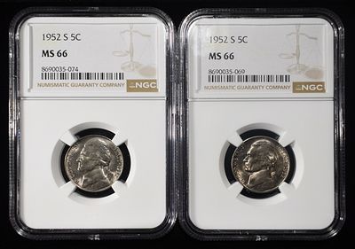 (2) 1952-S JEFFERSON NICKELS NGC MS 66. BID WITH SILVER CITY AUCTIONS ESTIMATE $75 - $100.