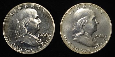 (2) 90% SILVER 1960 FRANKLIN HALF DOLLARS PROOF BU. TOP RATED AUCTION HOUSE ESTIMATE $90 - $130.
