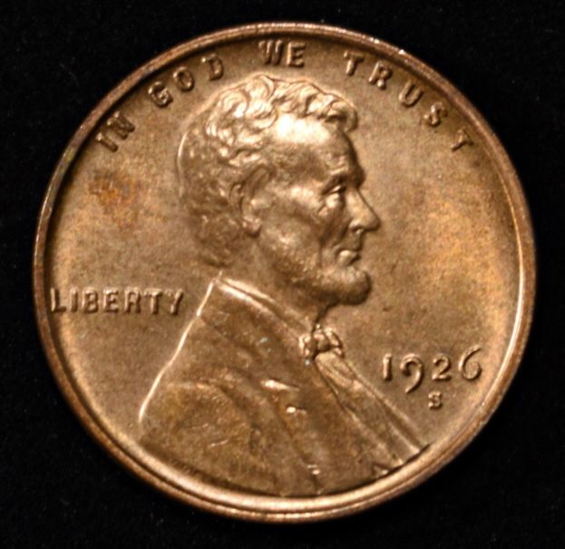 1926-S LINCOLN CENT CH/GEM BU RB. WEEKLY COIN & CURRENCY AUCTIONS ESTIMATE $1400 - $1600.