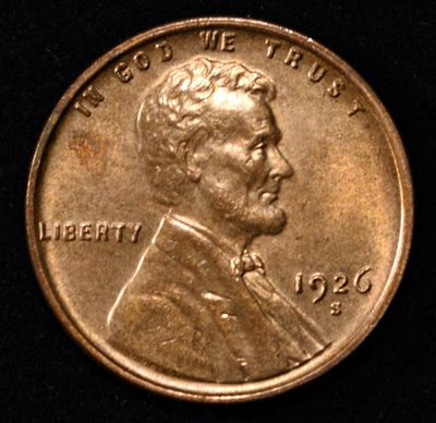 1926-S LINCOLN CENT CH/GEM BU RB. WEEKLY COIN & CURRENCY AUCTIONS ESTIMATE $1400 - $1600.