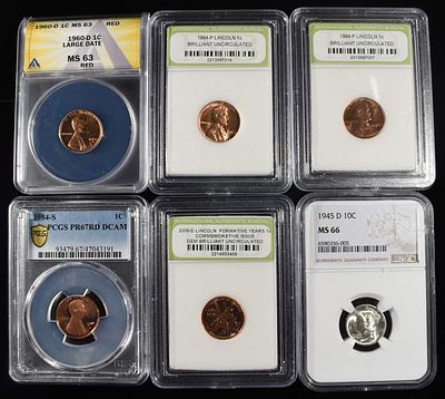 (5) GRADED LINCOLN CENTS & (1) MERCURY DIME. 1960-D LARGE DATE MEMORIAL CENT ANACS MS63RD, (2) 
