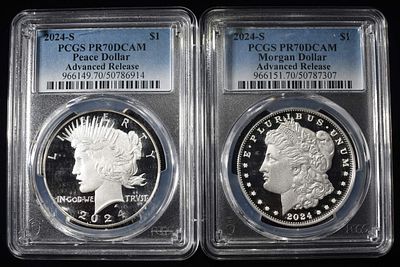 2024-S MORGAN & PEACE DOLLARS PCGS PR70 DCAM. TOP RATED AUCTION HOUSE ESTIMATE $450 - $500.