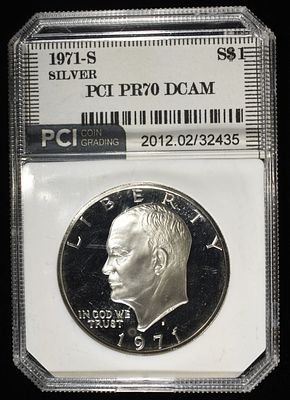 1971-S SILVER EISENHOWER $1 PCI PR70 DCAM. CHECK OUT OUR UPCOMING AUCTIONS ESTIMATE $60 - $80.