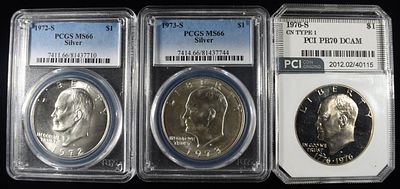 (3) GRADED EISENHOWER DOLLARS COLLECTORS LOT. 1972-S SILVER EISENHOWER DOLLAR PCGS MS66, 1973-S 