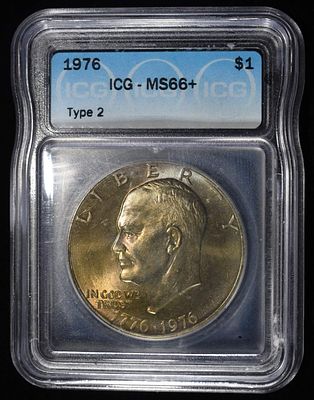 1976 TYPE2 EISENHOWER DOLLAR ICG MS66. CHECK OUT OUR UPCOMING AUCTIONS ESTIMATE $90 - $130.