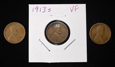 1923-S & (2) 1913-S WHEAT CENTS. WEEKLY COIN & CURRENCY AUCTIONS ESTIMATE $60 - $80.