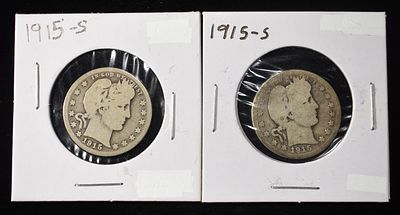(2) 1915-S BARBER QUARTERS. LEADERS IN ON-LINE AUCTIONS ESTIMATE $80 - $120.