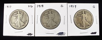 1917, 1918 & 1919 WALKING LIBERTY HALF DOLLAR. BID WITH SILVER CITY AUCTIONS ESTIMATE $120 - $160.