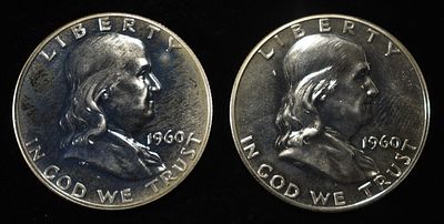 (2) 90% SILVER 1960 FRANKLIN HALF DOLLARS PROOF BU. BID WITH SILVER CITY AUCTIONS ESTIMATE $90 - 