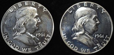 (2) 90% SILVER 1961 FRANKLIN HALF DOLLARS PROOF BU. TOP RATED AUCTION HOUSE ESTIMATE $90 - $130.