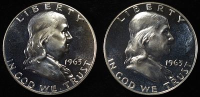 (2) 90% SILVER 1963 FRANKLIN HALF DOLLARS PROOF BU. TOP RATED AUCTION HOUSE ESTIMATE $90 - $130.