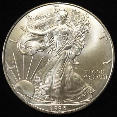 1996 AMERICAN SILVER EAGLE. LEADERS IN ON-LINE AUCTIONS ESTIMATE $110 - $160.