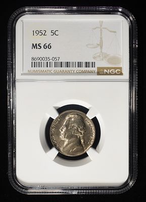 1952 JEFFERSON NICKEL NGC MS 66. WEEKLY COIN & CURRENCY AUCTIONS ESTIMATE $80 - $120.