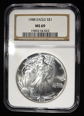 1988 AMERICAN SILVER EAGLE NGC MS69. LEADERS IN ON-LINE AUCTIONS ESTIMATE $100 - $150.