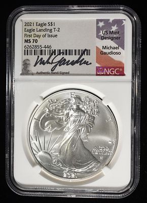 2021 T-2 SILVER EAGLE NGC MS-70 1ST DAY ISSUE. TOP RATED AUCTION HOUSE ESTIMATE $130 - $150.